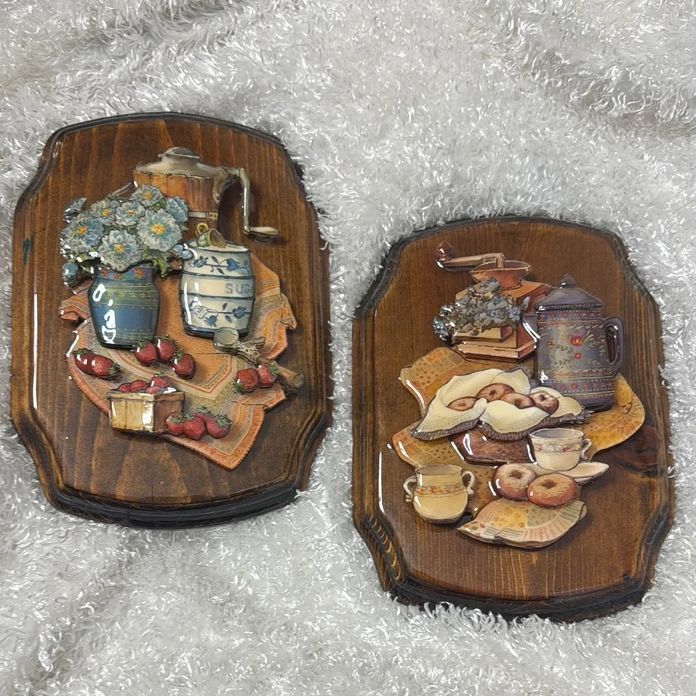 Vintage grannycore wooden kitchen wall art 3D tea berries flowers sugar